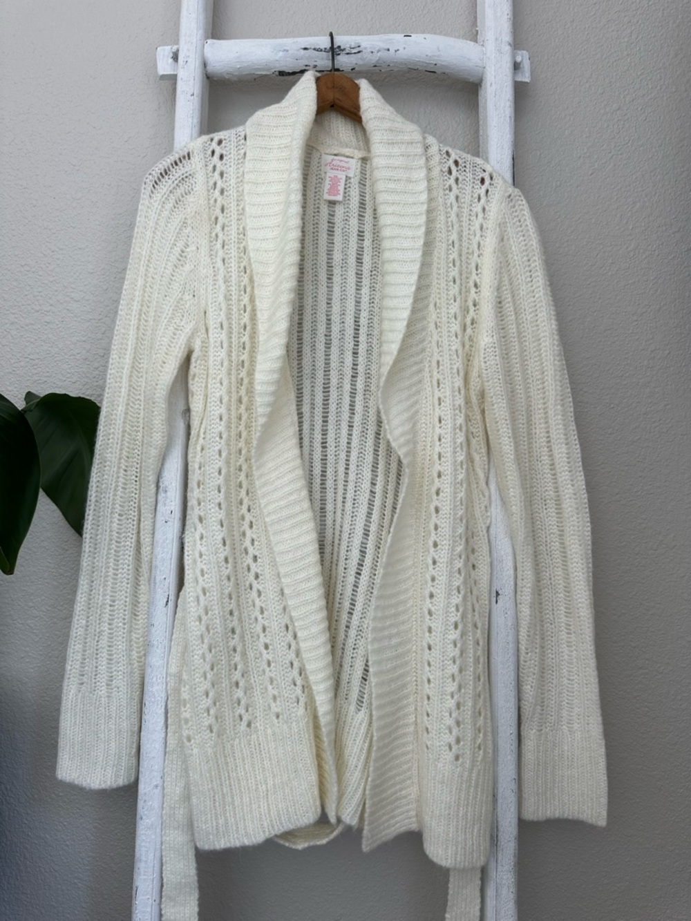 Arizona Jean Company Cream Open-Front Long Knit Cardigan with Tie Belt